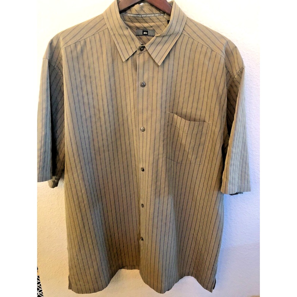 REI Men's Striped Brown Polyester Blend Button Up Short Sleeve Shirt Pocket XL